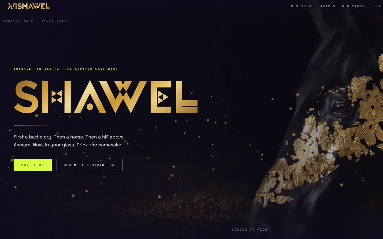 The Shawel Beer homepage: the gold SHAWEL wordmark beside a black horse dusted in gold leaf